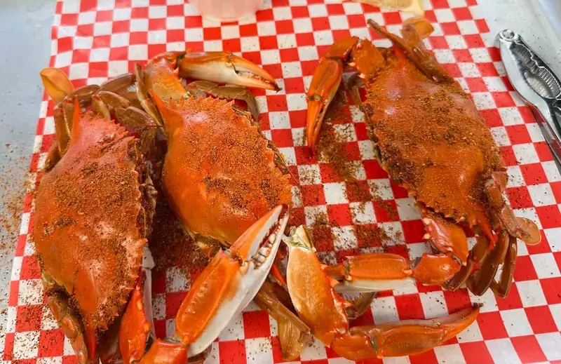 Whole seasoned blue crabs on checkered paper
