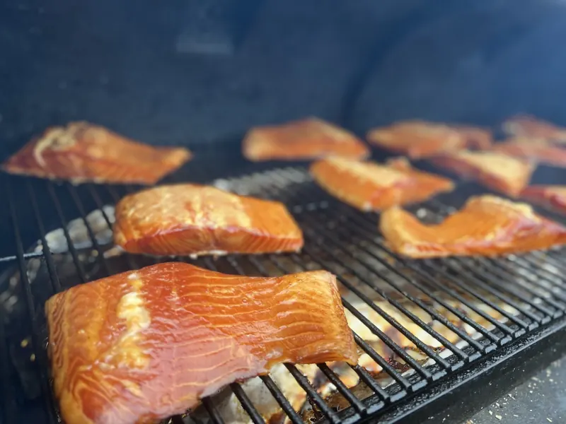 Salmon fillets smoking on a rack
